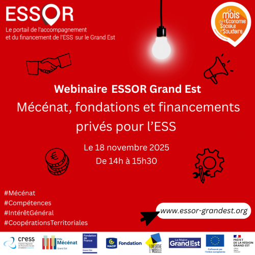 Webinaire ESSOR Grand Est : Mécénat, fondations et financements privés pour l'ESS - 18/11/2025